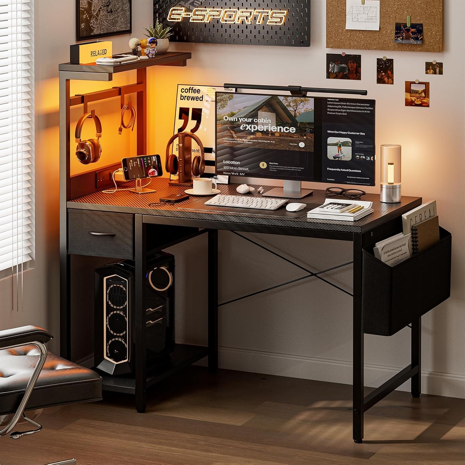 Grandder Bureau Gaming LED, 100Cm Bureau D'Ordinateur Avec Étagères Réversibles, Tiroir De Stockage, Prise Murale Intégrée, Design Moderne Pour Maison Et Bureau Noir