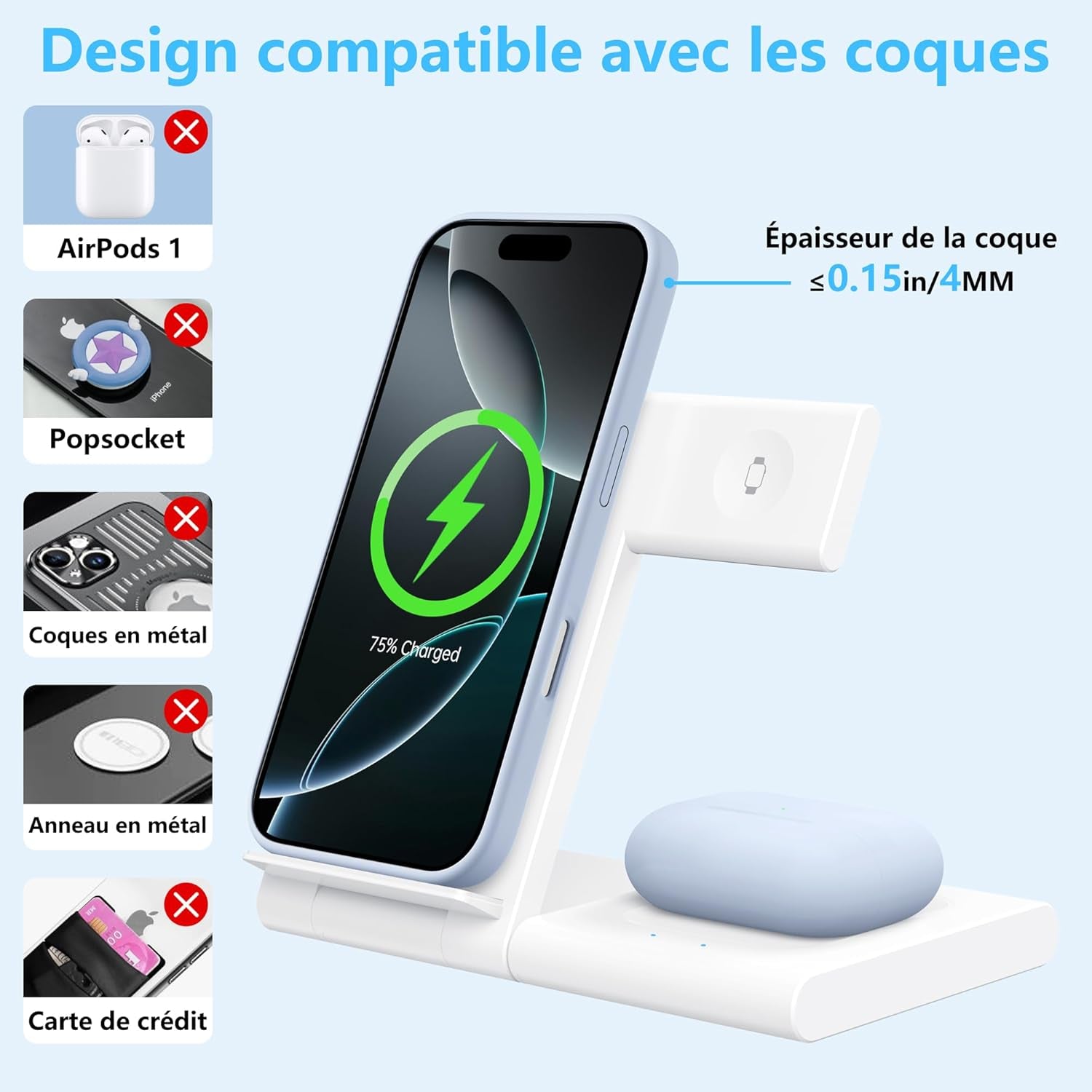 Station De Charge Sans Fil 3 En 1 Pour Iphone 16/15/14/13/12/11 Pro/Max/Plus, Chargeur Rapide À Induction Pour Apple Watch Ultra/10/9/8/7/6/Se/5/4, Support De Charge Pour Airpods 2/3/4/Pro/Pro 2
