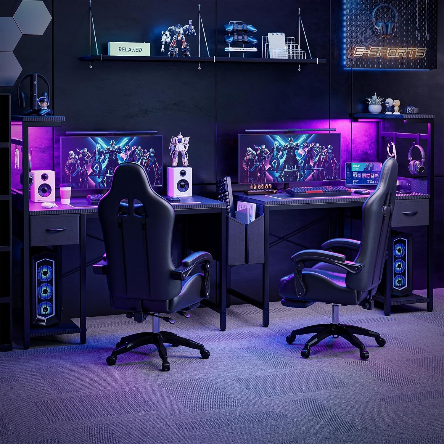 Grandder Bureau Gaming LED, 100Cm Bureau D'Ordinateur Avec Étagères Réversibles, Tiroir De Stockage, Prise Murale Intégrée, Design Moderne Pour Maison Et Bureau Noir