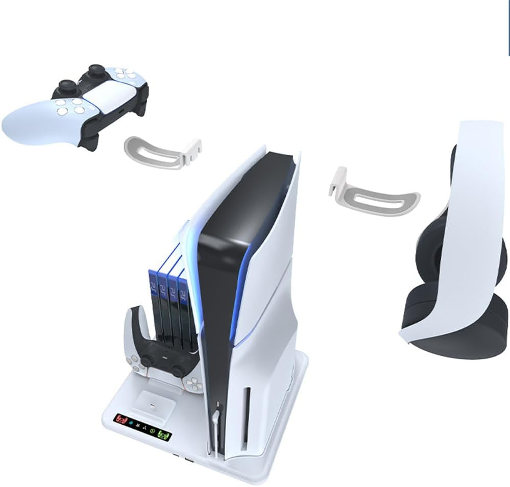 Station De Refroidissement Pour PS5 Slim Console, Avec Double Station De Charge Pour Manettes PS5 Avec 6 Emplacements Pour Disques De Jeu, 2 Crochet