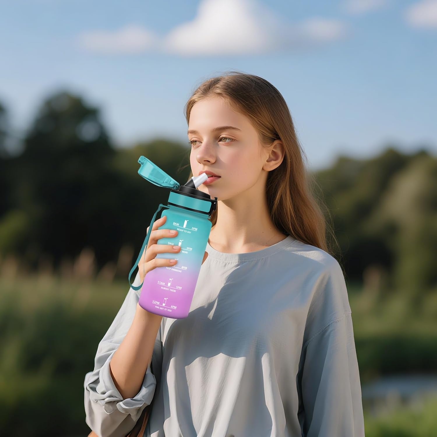 Gourde, 0.5L Sans BPA, Gourde Avec Paille Adulte, Convient Aux Boissons Gazeuses, Bouteille Reutilisable, Motivation Étanche, Bouteille D'Eau Pour École, Salle De Sport, Camping - Bleu&Violet