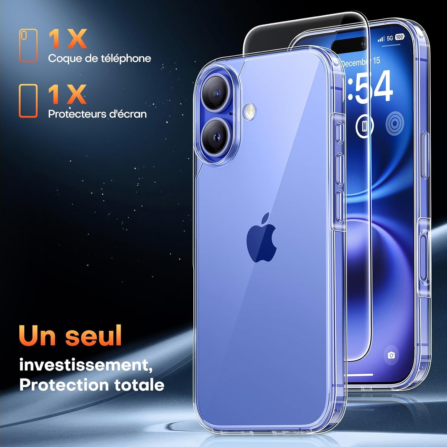 Coque Pour Iphone 16 Avec Protection D'Écran En Verre Trempé, Protection Militaire,Coque Bumper Transparente Antichoc - Transparent