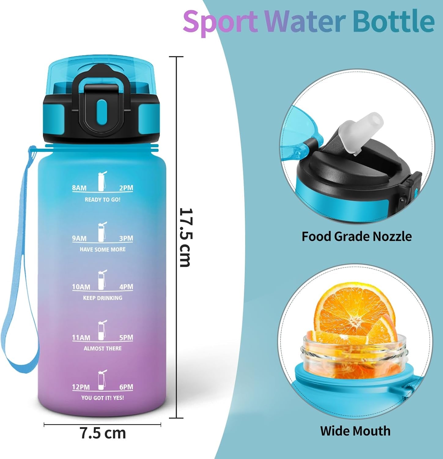 Gourde, 0.5L Sans BPA, Gourde Avec Paille Adulte, Convient Aux Boissons Gazeuses, Bouteille Reutilisable, Motivation Étanche, Bouteille D'Eau Pour École, Salle De Sport, Camping - Bleu&Violet