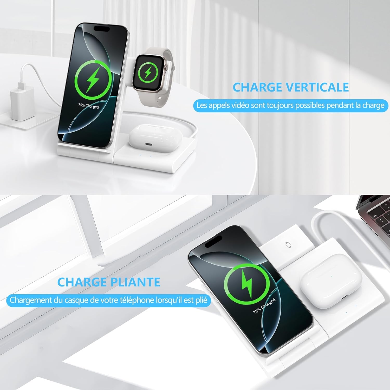 Station De Charge Sans Fil 3 En 1 Pour Iphone 16/15/14/13/12/11 Pro/Max/Plus, Chargeur Rapide À Induction Pour Apple Watch Ultra/10/9/8/7/6/Se/5/4, Support De Charge Pour Airpods 2/3/4/Pro/Pro 2