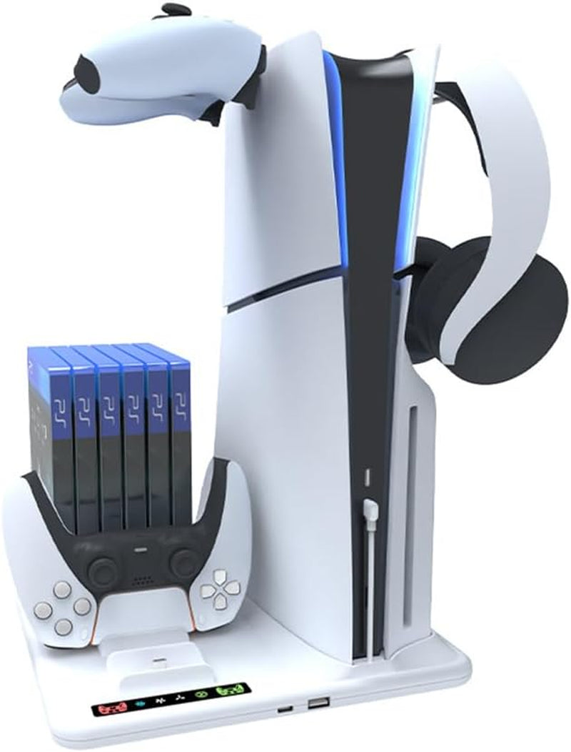 Station De Refroidissement Pour PS5 Slim Console, Avec Double Station De Charge Pour Manettes PS5 Avec 6 Emplacements Pour Disques De Jeu, 2 Crochet
