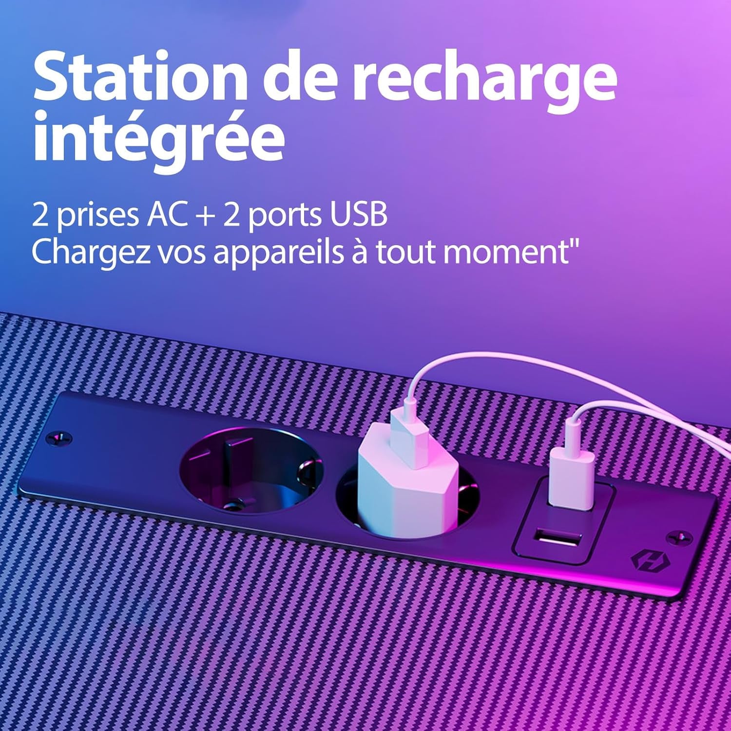 SEVEN WARRIOR Bureau Gaming Angle 127X127 Cm, Bureau Gamer D'Angle Avec LED & Support Écran, Table D'Ordinateur Avec Station De Charge (2AC/2USB), Idéal Pour Ados, Noir