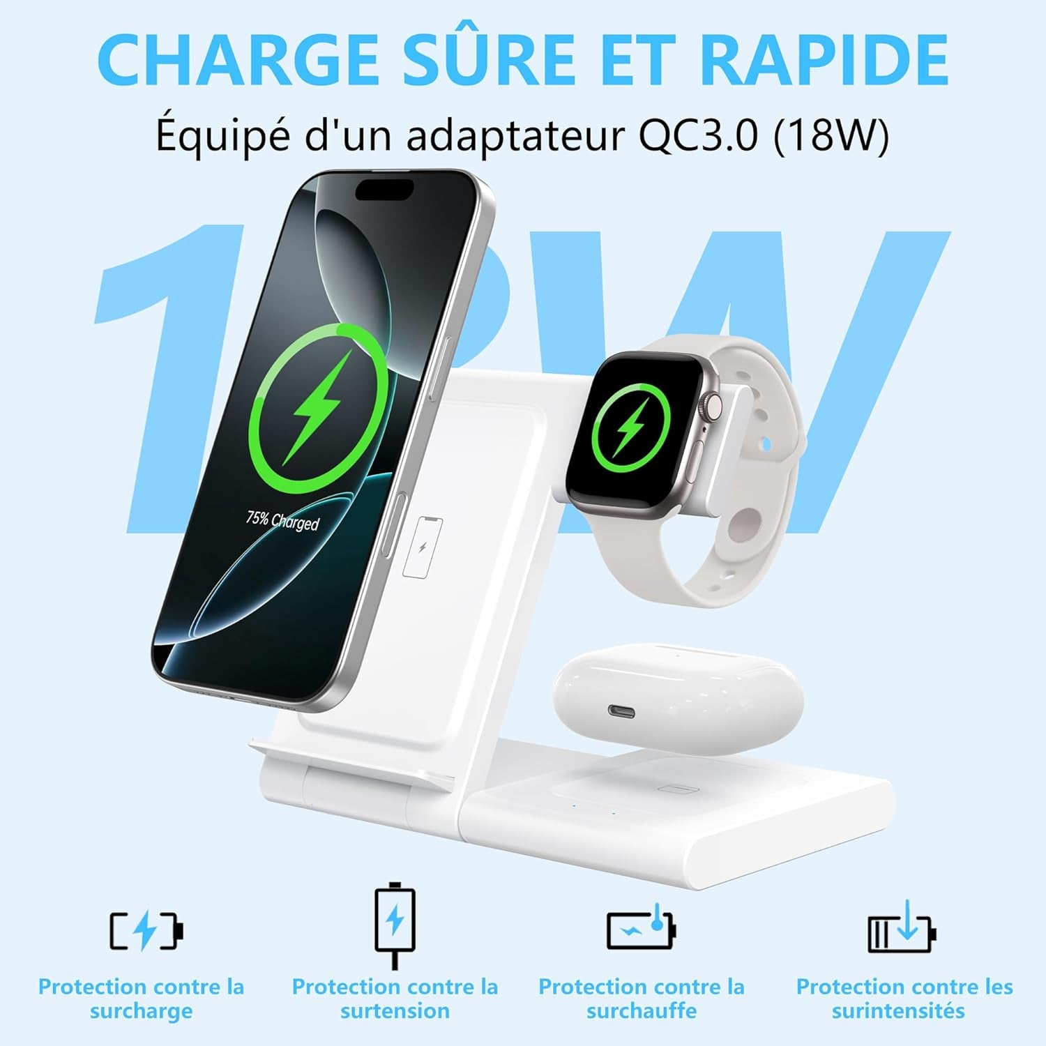 Station De Charge Sans Fil 3 En 1 Pour Iphone 16/15/14/13/12/11 Pro/Max/Plus, Chargeur Rapide À Induction Pour Apple Watch Ultra/10/9/8/7/6/Se/5/4, Support De Charge Pour Airpods 2/3/4/Pro/Pro 2