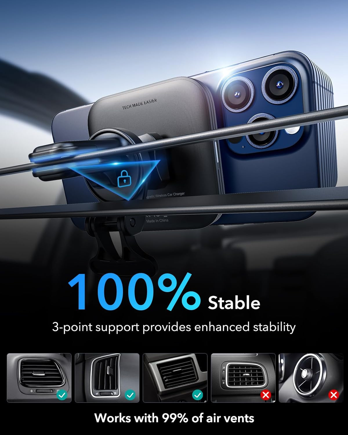 Qi2 15W Chargeur De Voiture Magsafe, Chargeur Magnétique De Voiture Certifié Qi2, Pour Grille D'Aération/Tableau De Bord, Support Pour Iphone 16/15/14/13/12, Galaxy S25 Série, Charge Rapide, Noir