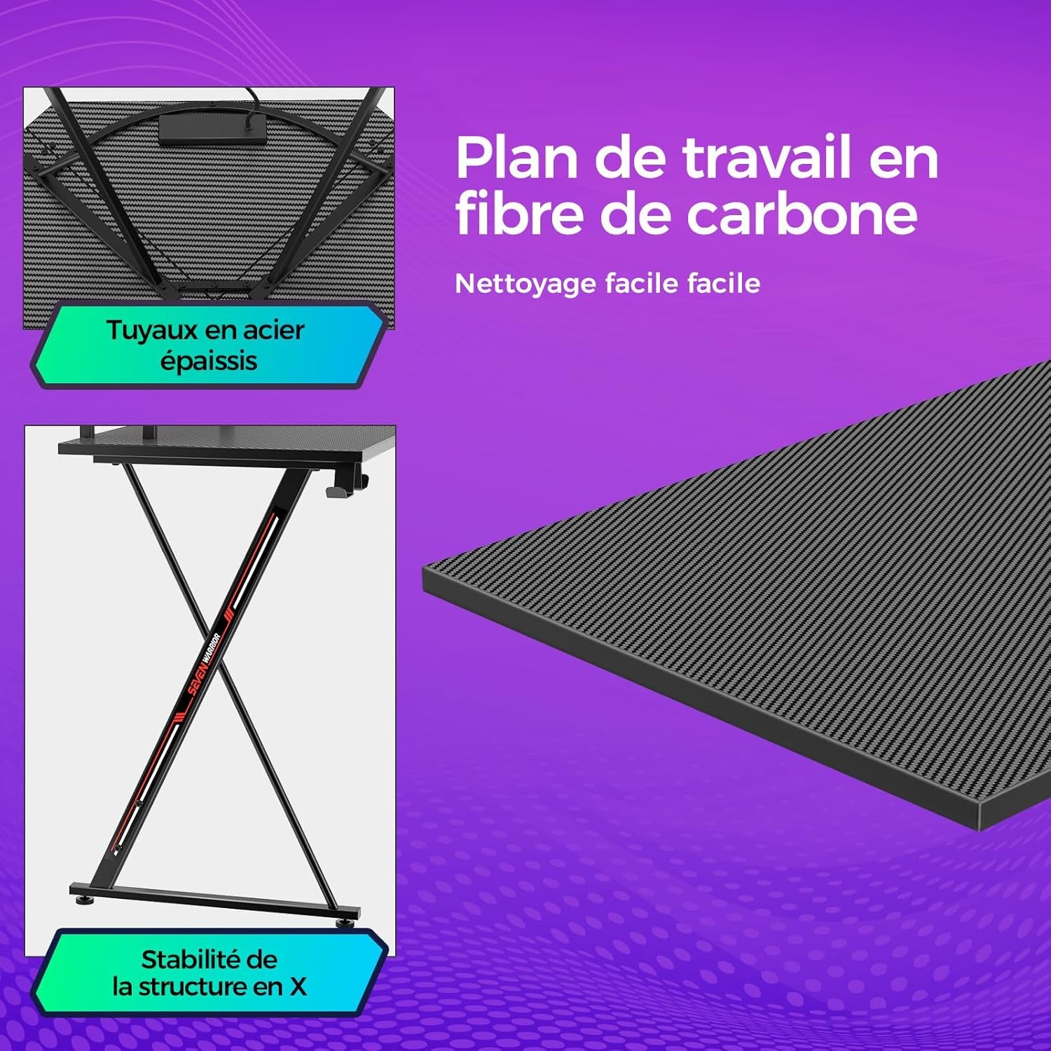 SEVEN WARRIOR Bureau Gaming Angle 127X127 Cm, Bureau Gamer D'Angle Avec LED & Support Écran, Table D'Ordinateur Avec Station De Charge (2AC/2USB), Idéal Pour Ados, Noir