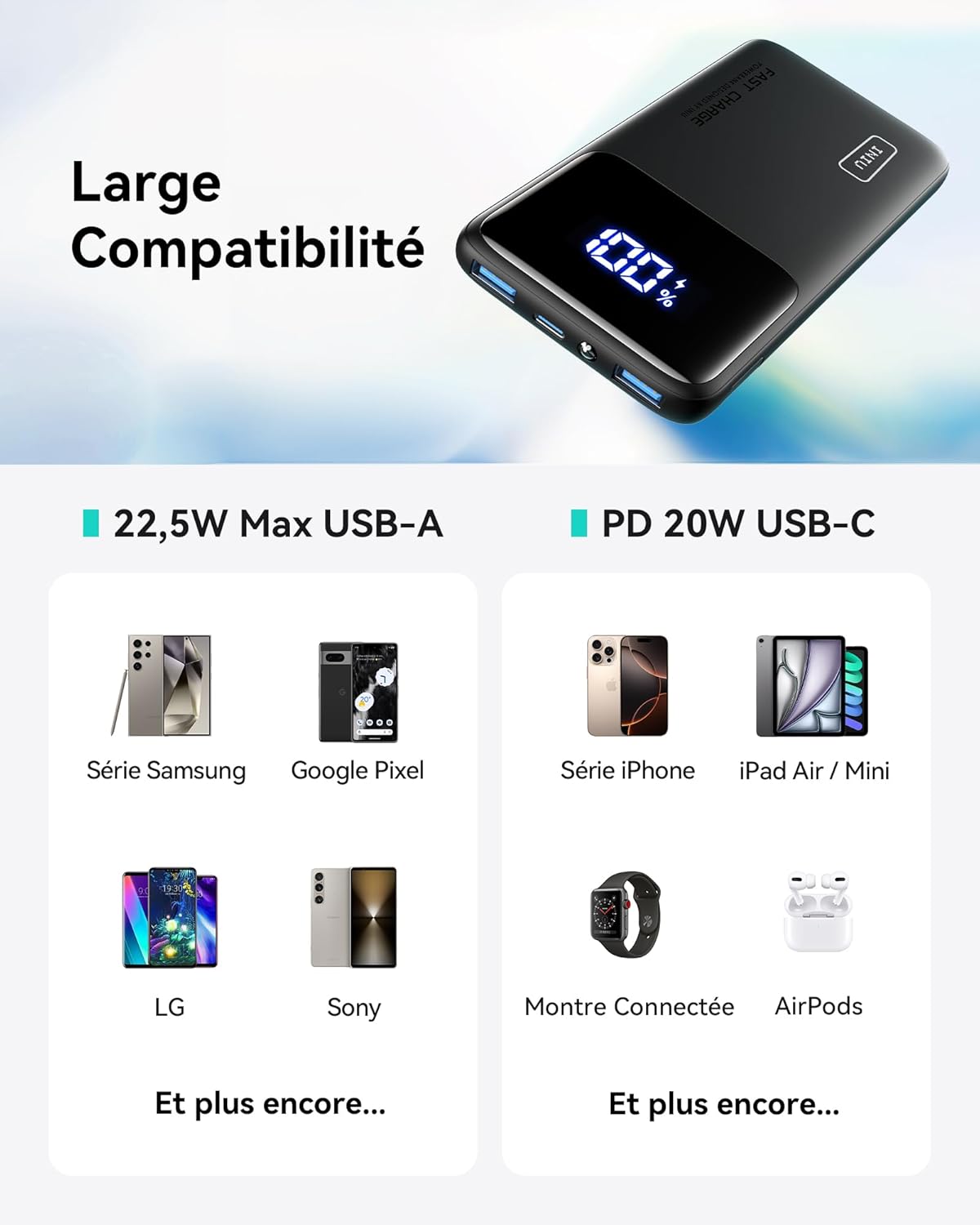 Batterie Externe, 22.5W 10000Mah Power Bank, Batterie Portable USB C Input & Output PD3.0 QC4.0 Charge Rapide Powerbank Compatible Avec Iphone 16 15 14 13 12 Pro Max plus Samsung Ipad Pro Etc