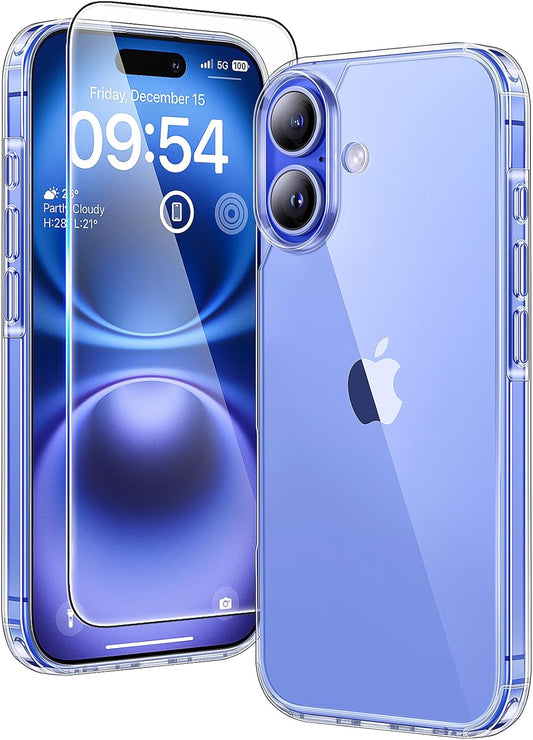 Coque Pour Iphone 16 Avec Protection D'Écran En Verre Trempé, Protection Militaire,Coque Bumper Transparente Antichoc - Transparent