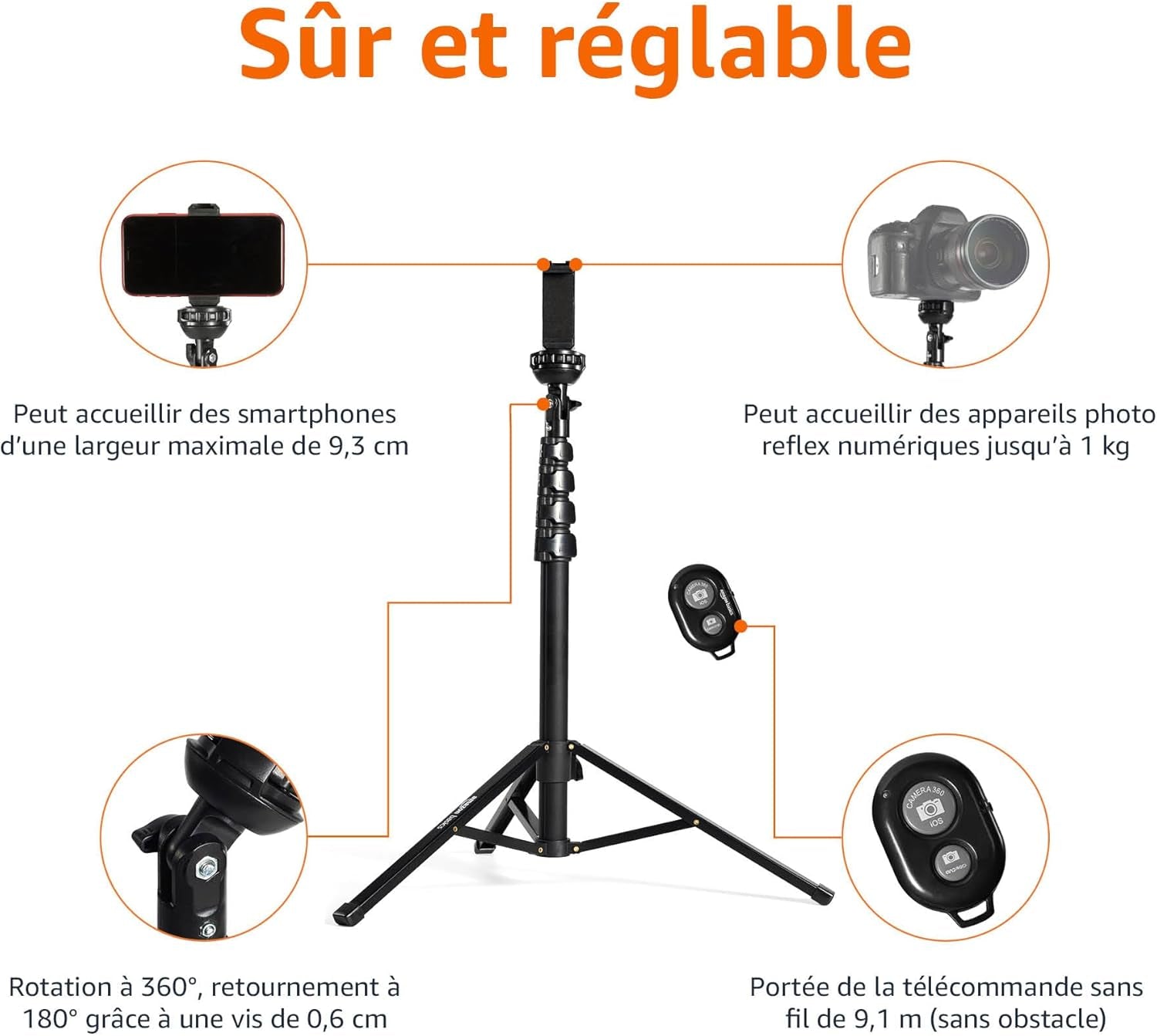 Trépied Pour Iphones Extensible Jusqu’À 162 Cm Avec Fonctions Perche À Selfie Et Trépied, Noir