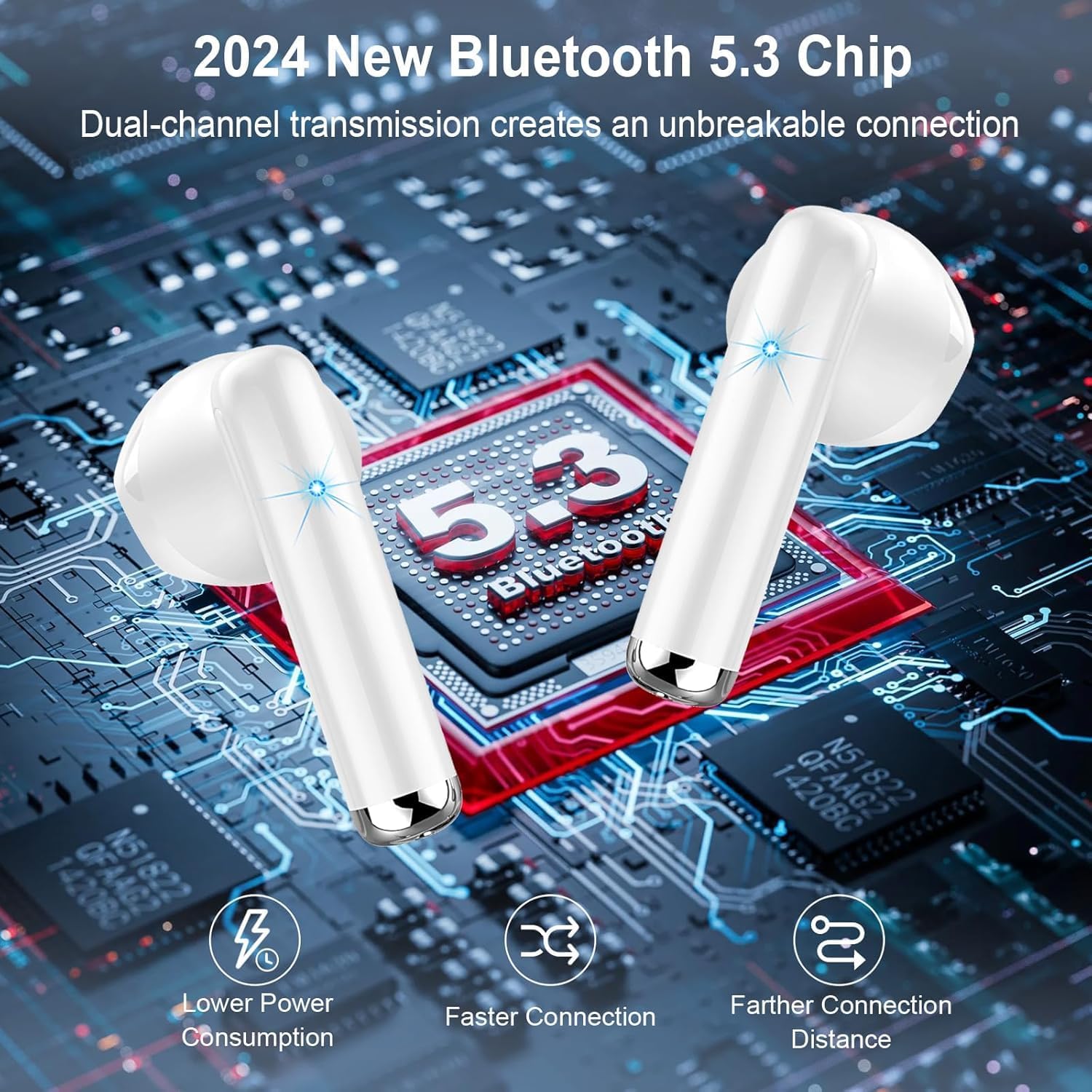 Ecouteurs Bluetooth Sans Fil, Oreillette Bluetooth 5.3 Ecouteurs Avec 4 ENC Réduction Mic, 50H Récréation Hi-Fi Son Stéréo Écouteurs, IP7 Etanche Contrôle Tactile Casque Pour Iphone Android Galaxy