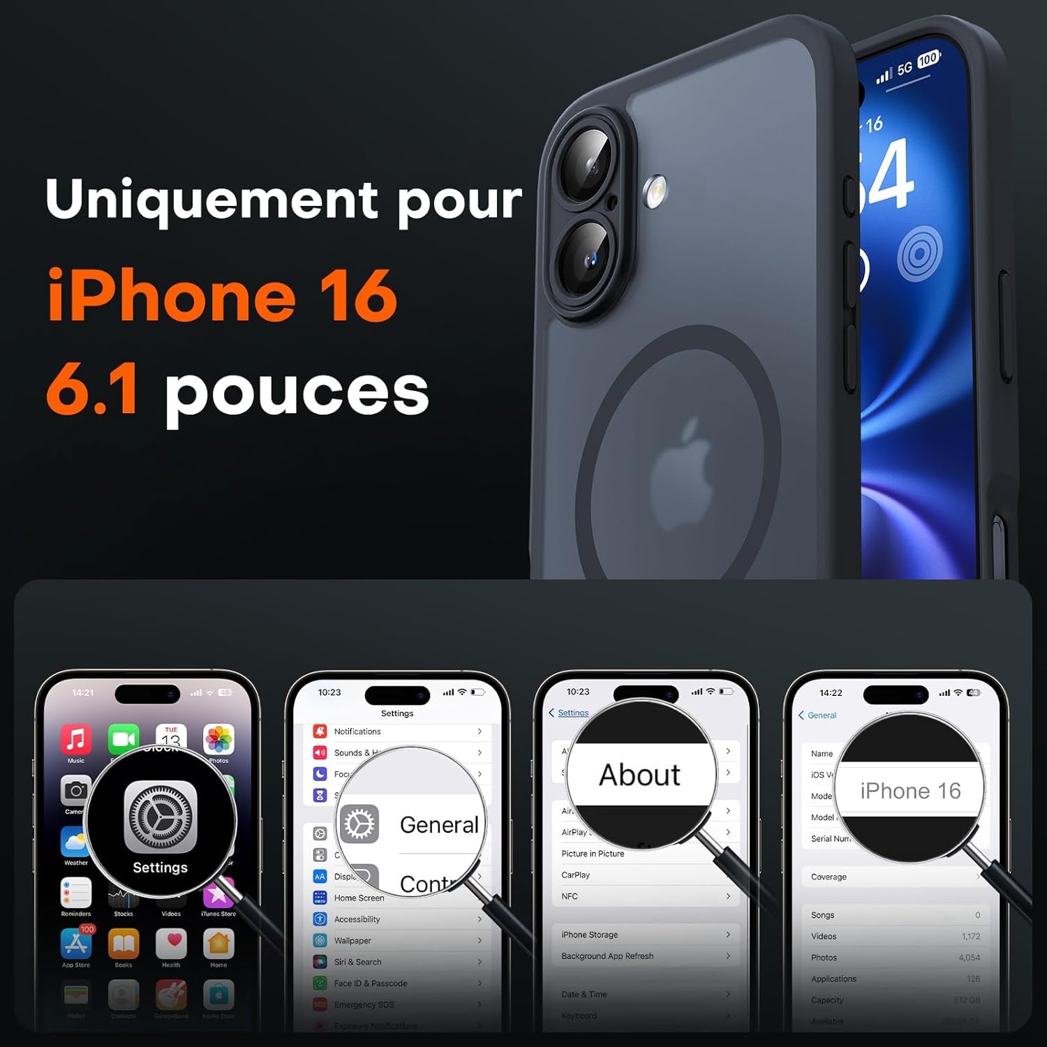 Coque Magnétique Pour Iphone 16 6,1 Pouces, Compatible Avec Magsafe, Protection De L'Objectif Améliorée, Coque Mat Translucide Fine Antichoc, Noir