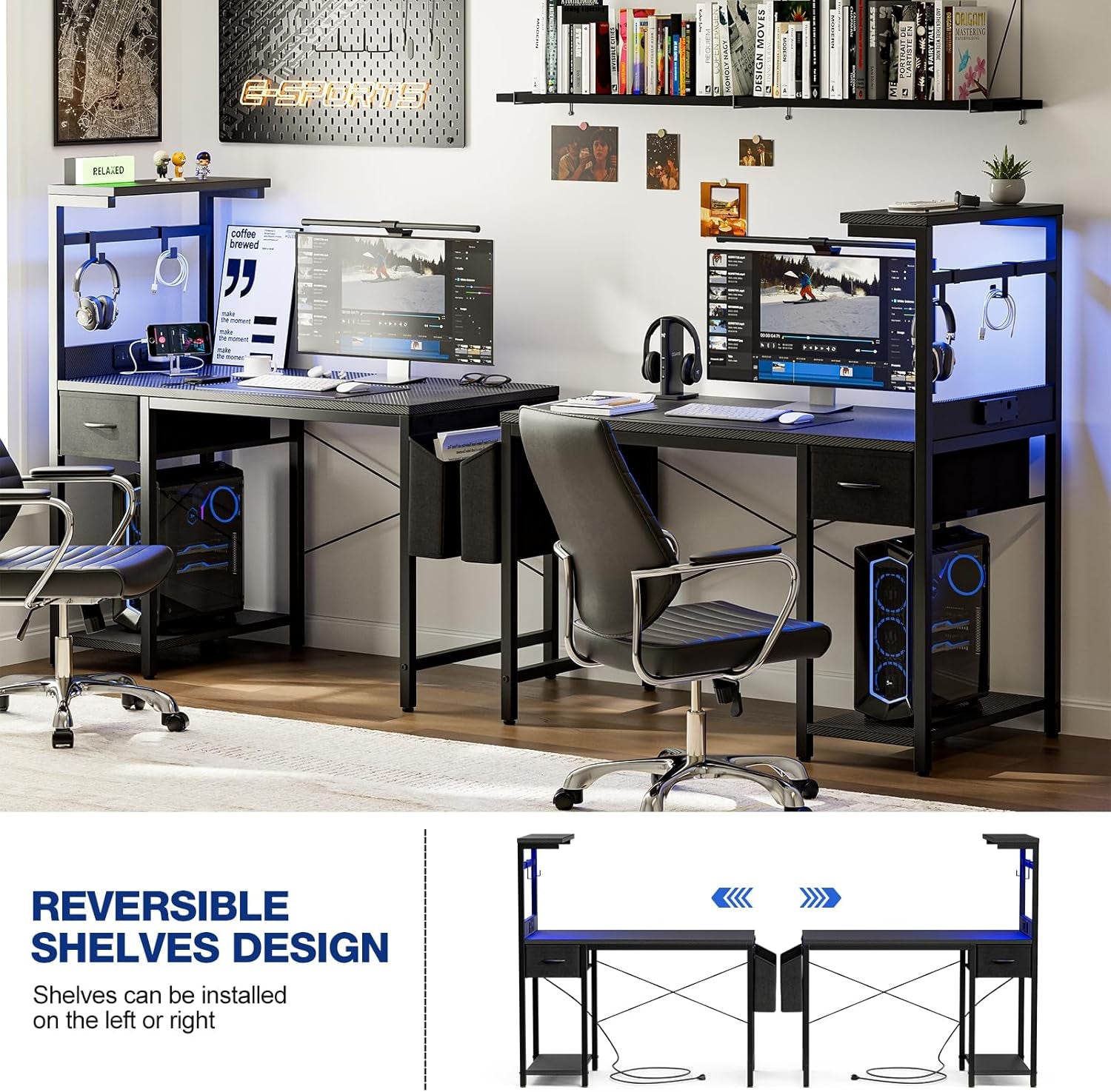 Grandder Bureau Gaming LED, 100Cm Bureau D'Ordinateur Avec Étagères Réversibles, Tiroir De Stockage, Prise Murale Intégrée, Design Moderne Pour Maison Et Bureau Noir