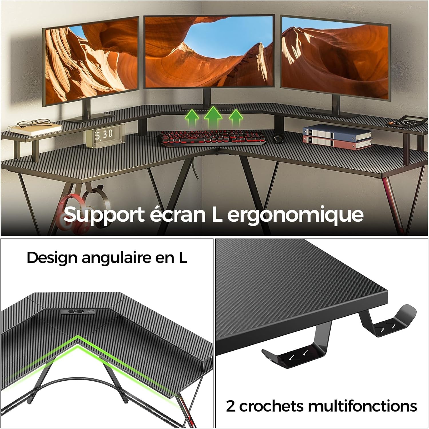 SEVEN WARRIOR Bureau Gaming Angle 127X127 Cm, Bureau Gamer D'Angle Avec LED & Support Écran, Table D'Ordinateur Avec Station De Charge (2AC/2USB), Idéal Pour Ados, Noir