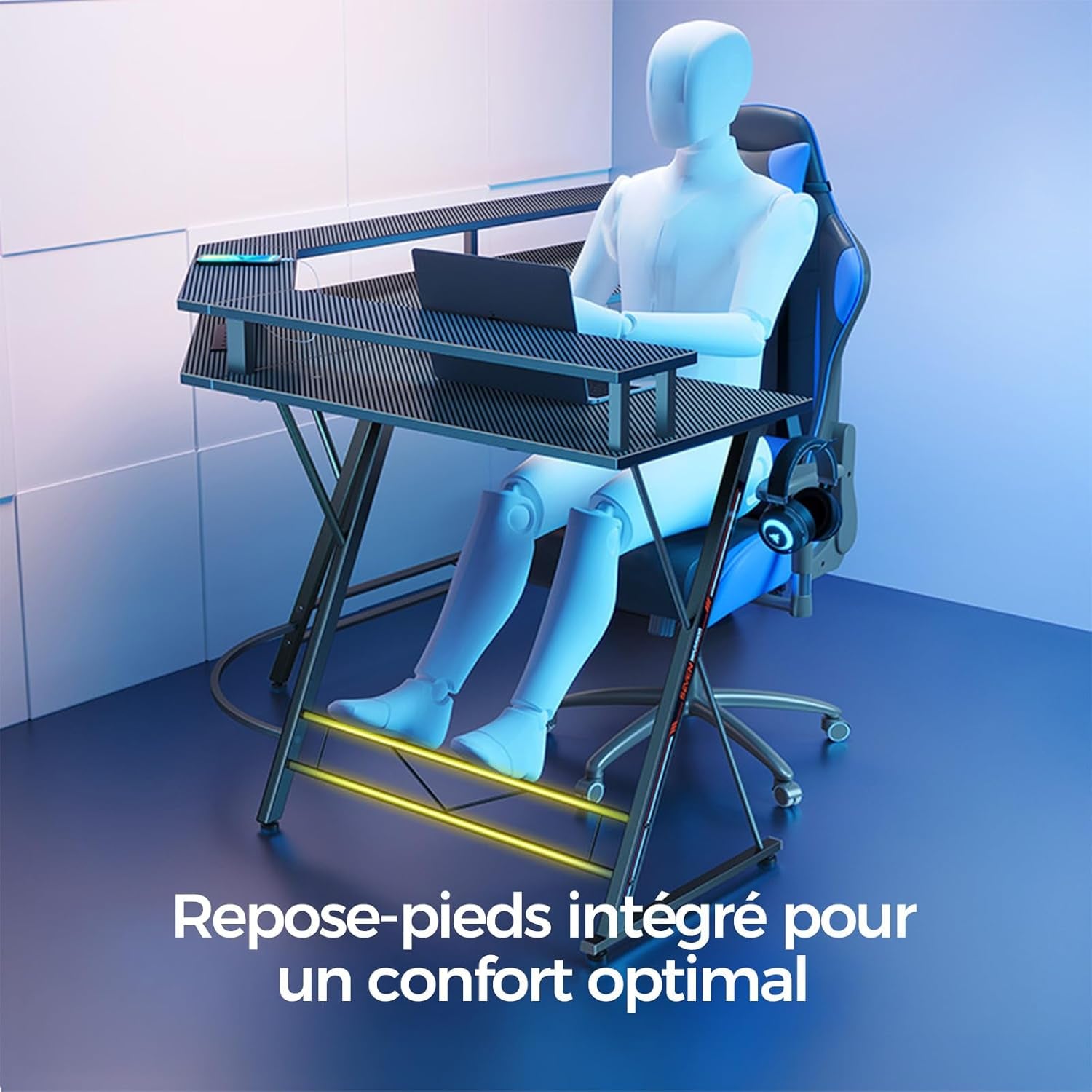 SEVEN WARRIOR Bureau Gaming Angle 127X127 Cm, Bureau Gamer D'Angle Avec LED & Support Écran, Table D'Ordinateur Avec Station De Charge (2AC/2USB), Idéal Pour Ados, Noir