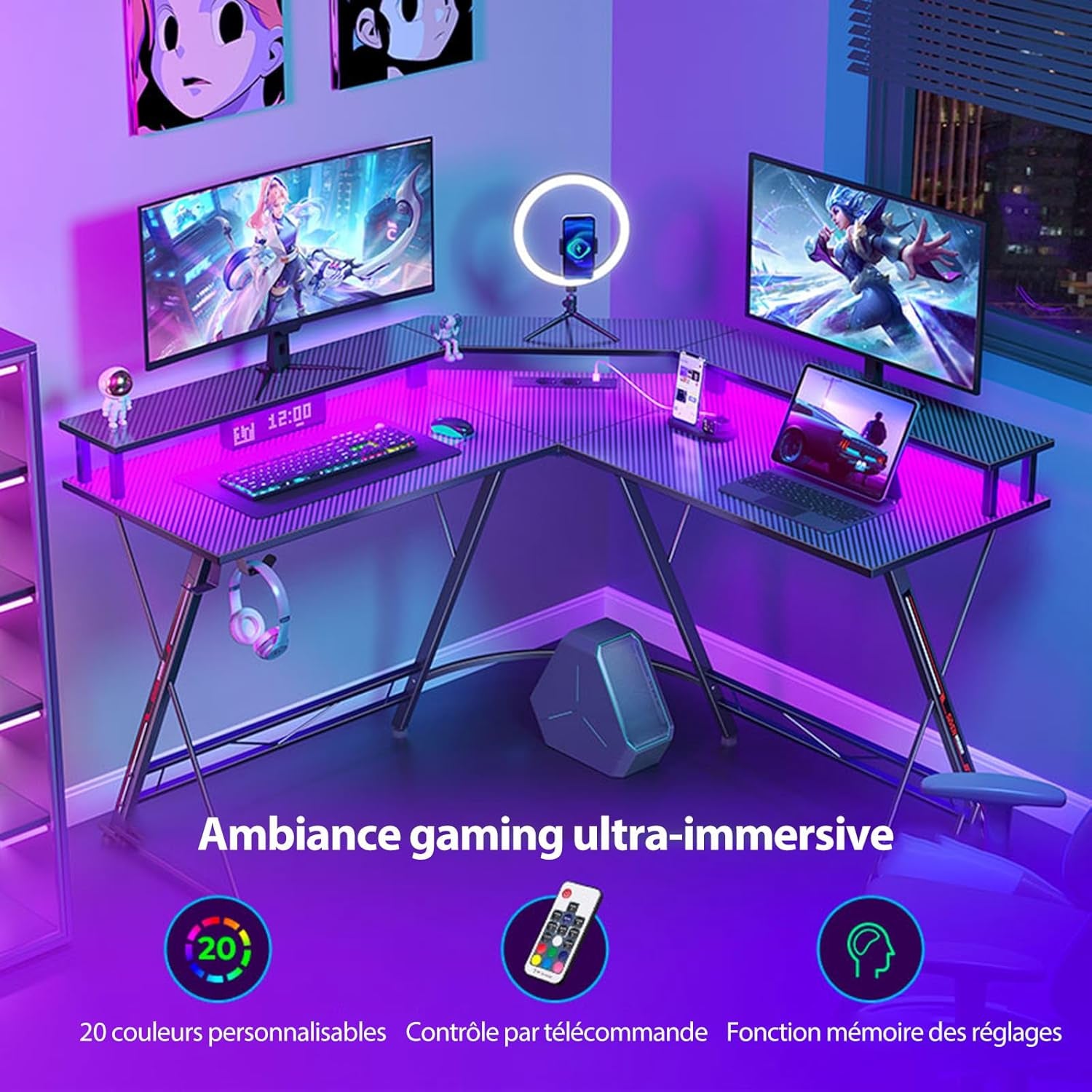 SEVEN WARRIOR Bureau Gaming Angle 127X127 Cm, Bureau Gamer D'Angle Avec LED & Support Écran, Table D'Ordinateur Avec Station De Charge (2AC/2USB), Idéal Pour Ados, Noir