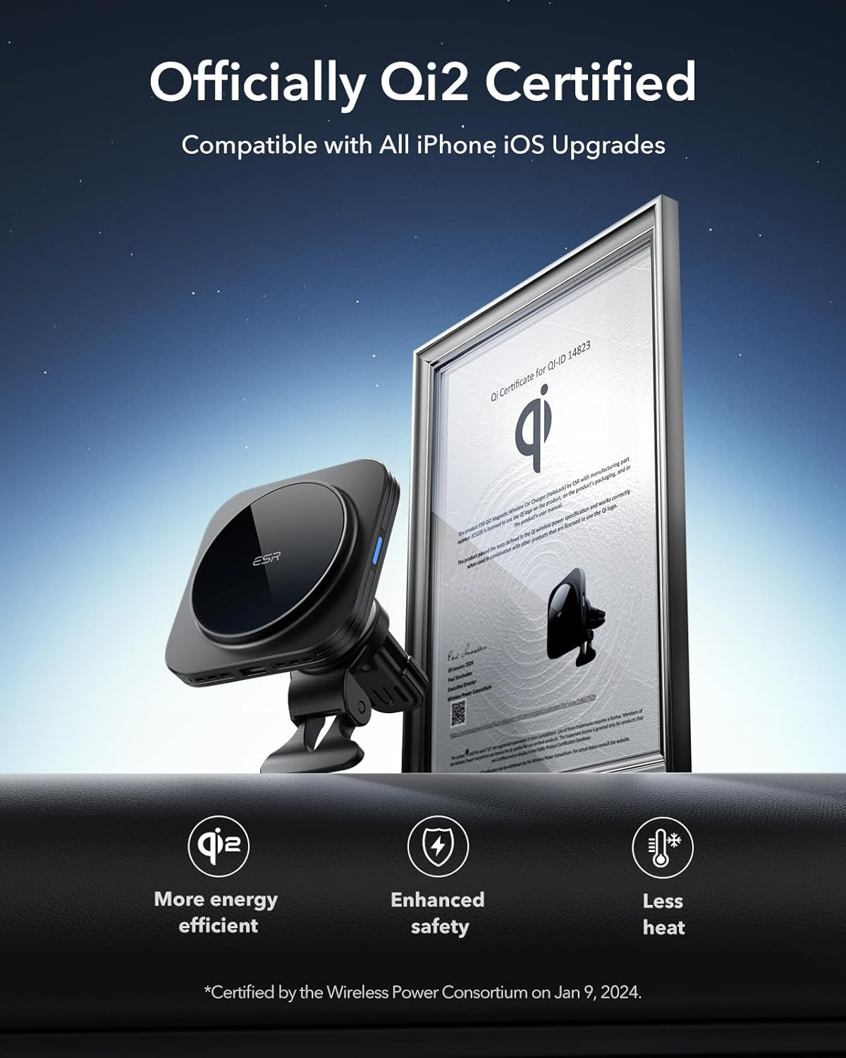 Qi2 15W Chargeur De Voiture Magsafe, Chargeur Magnétique De Voiture Certifié Qi2, Pour Grille D'Aération/Tableau De Bord, Support Pour Iphone 16/15/14/13/12, Galaxy S25 Série, Charge Rapide, Noir