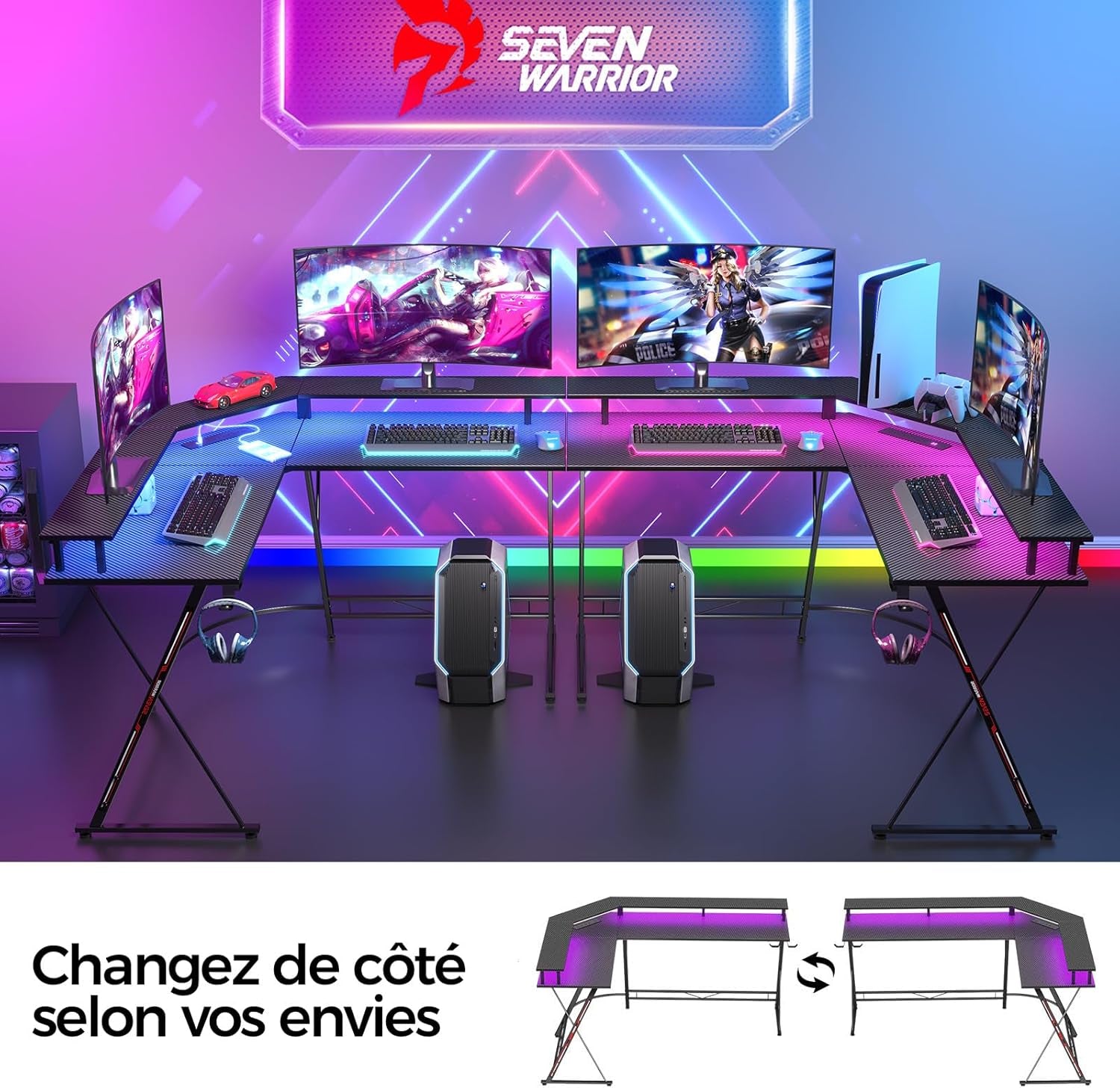 SEVEN WARRIOR Bureau Gaming Angle 127X127 Cm, Bureau Gamer D'Angle Avec LED & Support Écran, Table D'Ordinateur Avec Station De Charge (2AC/2USB), Idéal Pour Ados, Noir
