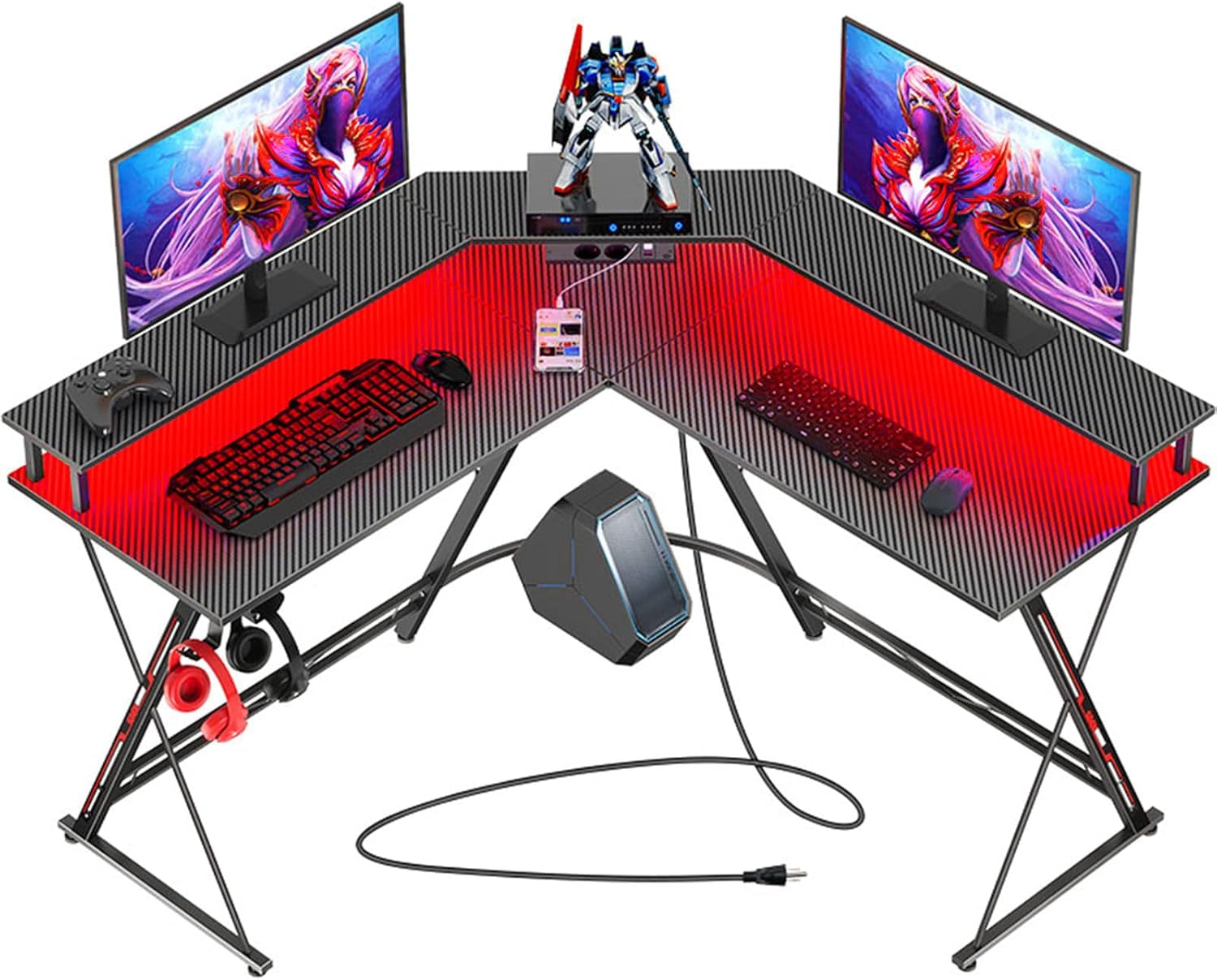 SEVEN WARRIOR Bureau Gaming Angle 127X127 Cm, Bureau Gamer D'Angle Avec LED & Support Écran, Table D'Ordinateur Avec Station De Charge (2AC/2USB), Idéal Pour Ados, Noir