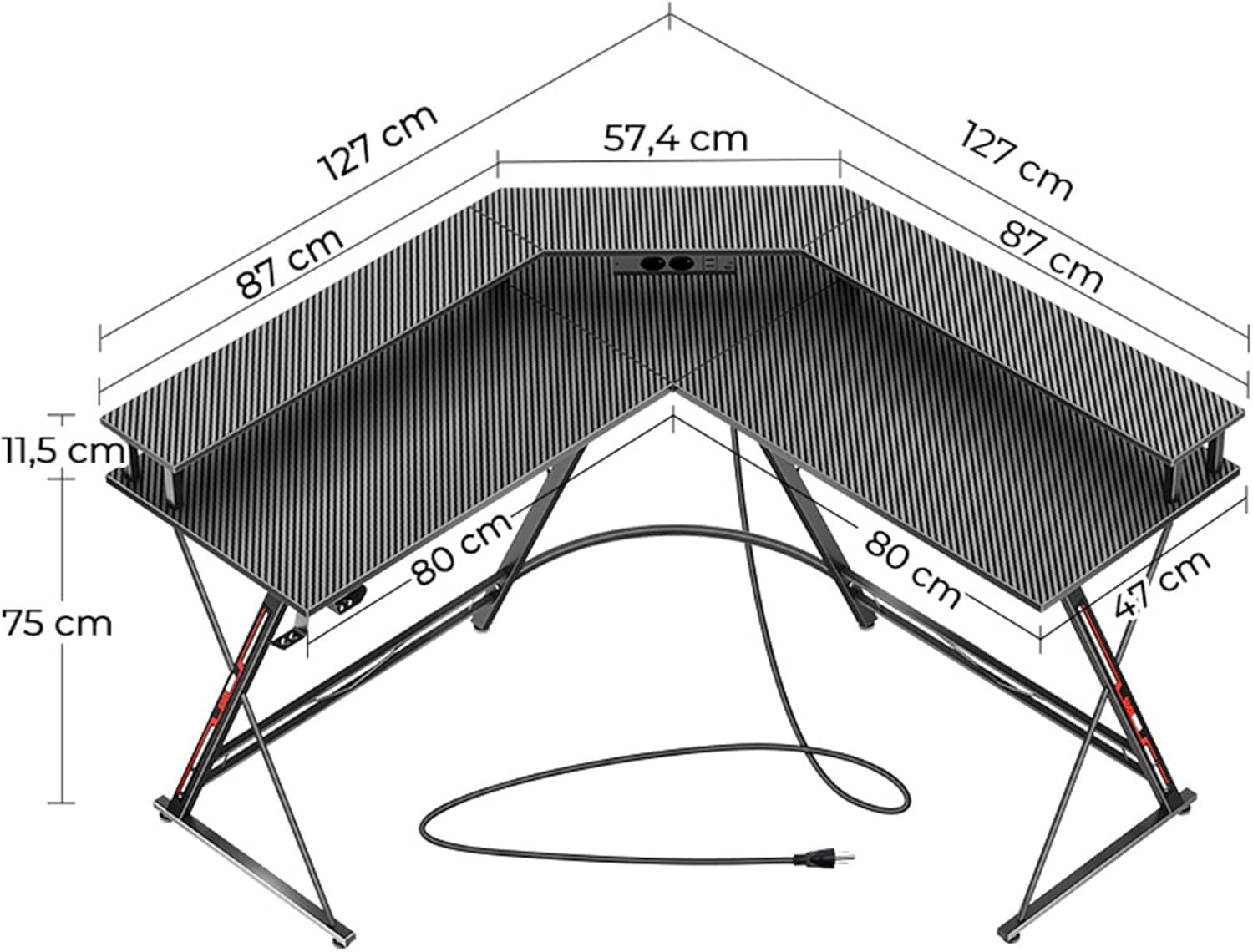 SEVEN WARRIOR Bureau Gaming Angle 127X127 Cm, Bureau Gamer D'Angle Avec LED & Support Écran, Table D'Ordinateur Avec Station De Charge (2AC/2USB), Idéal Pour Ados, Noir