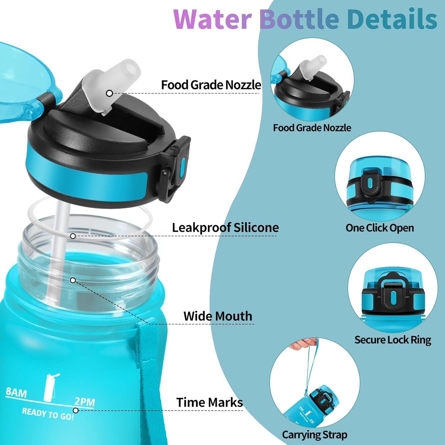 Gourde, 0.5L Sans BPA, Gourde Avec Paille Adulte, Convient Aux Boissons Gazeuses, Bouteille Reutilisable, Motivation Étanche, Bouteille D'Eau Pour École, Salle De Sport, Camping - Bleu&Violet
