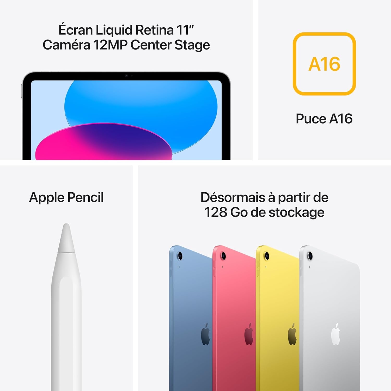 Ipad Avec Puce A16 : Écran Liquid Retina 11 Pouces, 128 Go, Wi-Fi 6, Caméras Avant/Arrière 12 Mpx, Touch ID, Autonomie D’Une Journée – Argent