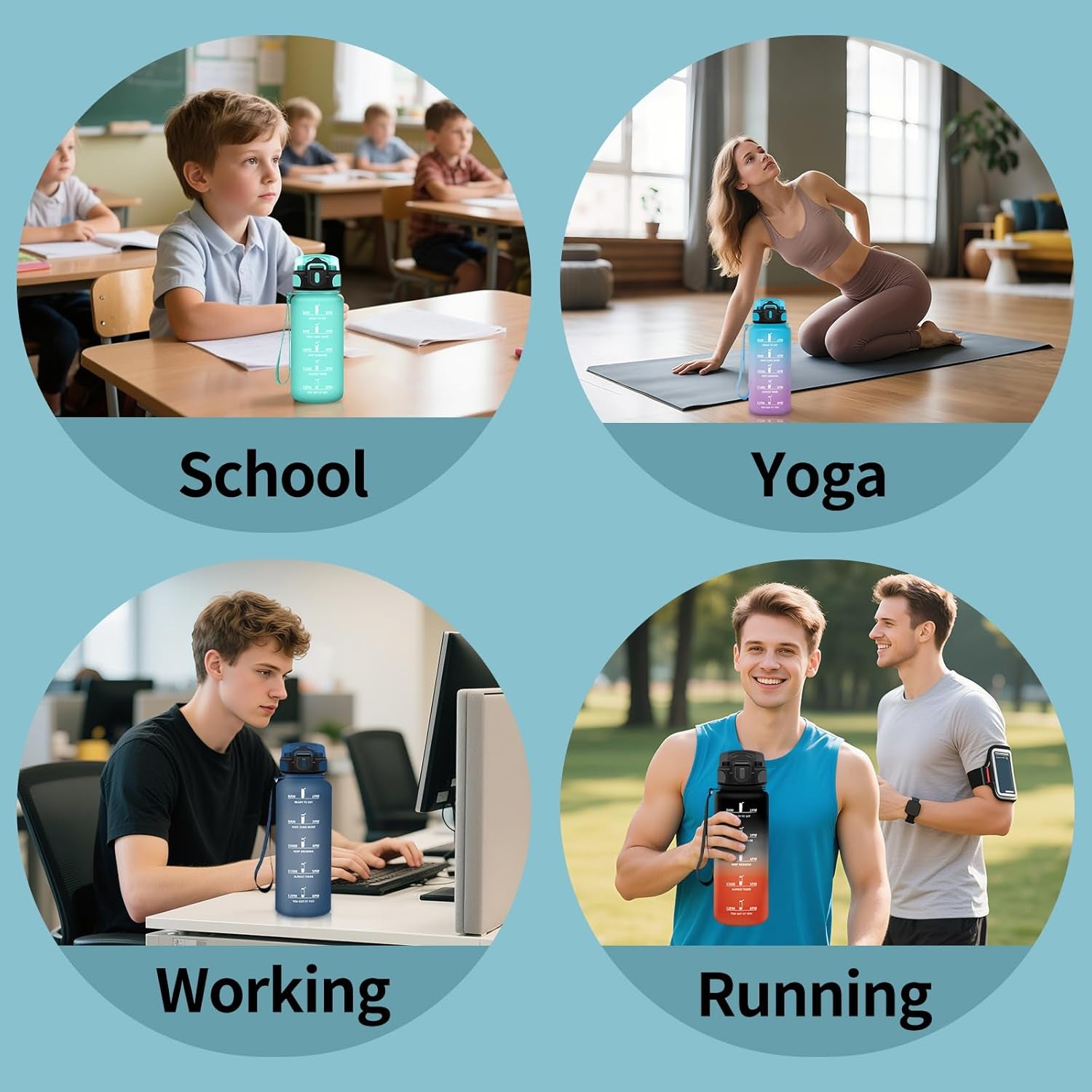 Gourde, 0.5L Sans BPA, Gourde Avec Paille Adulte, Convient Aux Boissons Gazeuses, Bouteille Reutilisable, Motivation Étanche, Bouteille D'Eau Pour École, Salle De Sport, Camping - Bleu&Violet