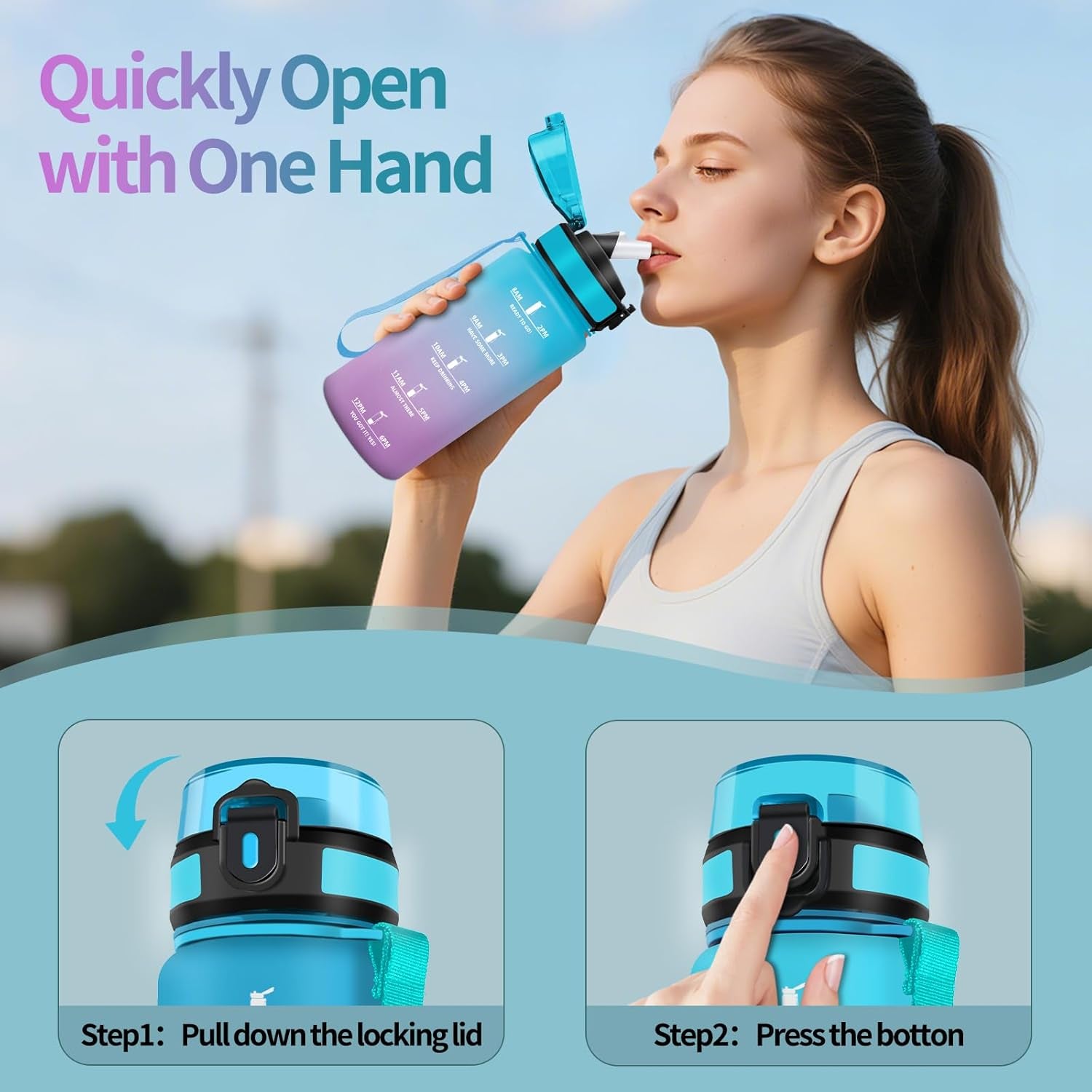 Gourde, 0.5L Sans BPA, Gourde Avec Paille Adulte, Convient Aux Boissons Gazeuses, Bouteille Reutilisable, Motivation Étanche, Bouteille D'Eau Pour École, Salle De Sport, Camping - Bleu&Violet