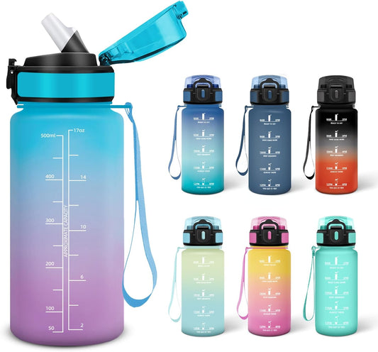Gourde, 0.5L Sans BPA, Gourde Avec Paille Adulte, Convient Aux Boissons Gazeuses, Bouteille Reutilisable, Motivation Étanche, Bouteille D'Eau Pour École, Salle De Sport, Camping - Bleu&Violet