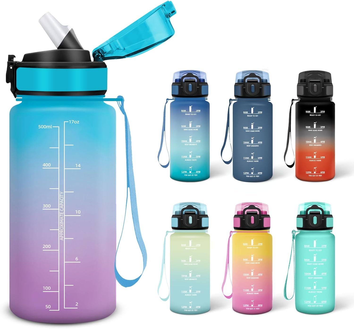 Gourde, 0.5L Sans BPA, Gourde Avec Paille Adulte, Convient Aux Boissons Gazeuses, Bouteille Reutilisable, Motivation Étanche, Bouteille D'Eau Pour École, Salle De Sport, Camping - Bleu&Violet