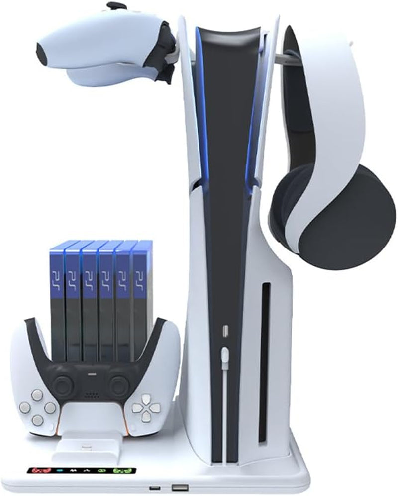 Station De Refroidissement Pour PS5 Slim Console, Avec Double Station De Charge Pour Manettes PS5 Avec 6 Emplacements Pour Disques De Jeu, 2 Crochet