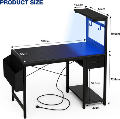 Grandder ​Bureau Gaming LED, 100Cm Bureau D'Ordinateur Avec Étagères Réversibles, Tiroir De Stockage, Prise Murale Intégrée, Design Moderne Pour Maison Et Bureau Noir