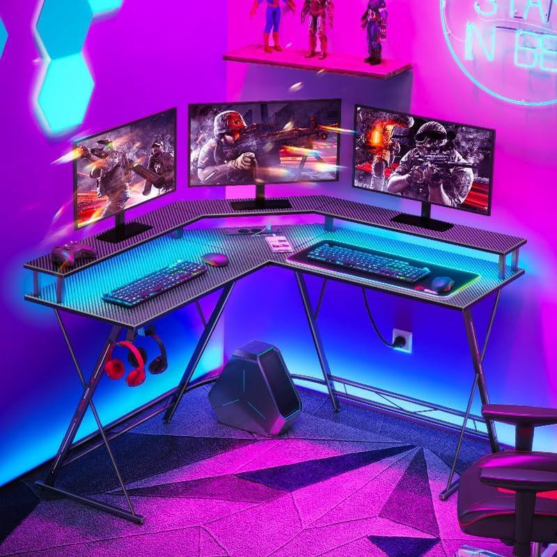 SEVEN WARRIOR Bureau Gaming Angle 127X127 Cm, Bureau Gamer D'Angle Avec LED & Support Écran, Table D'Ordinateur Avec Station De Charge (2AC/2USB), Idéal Pour Ados, Noir