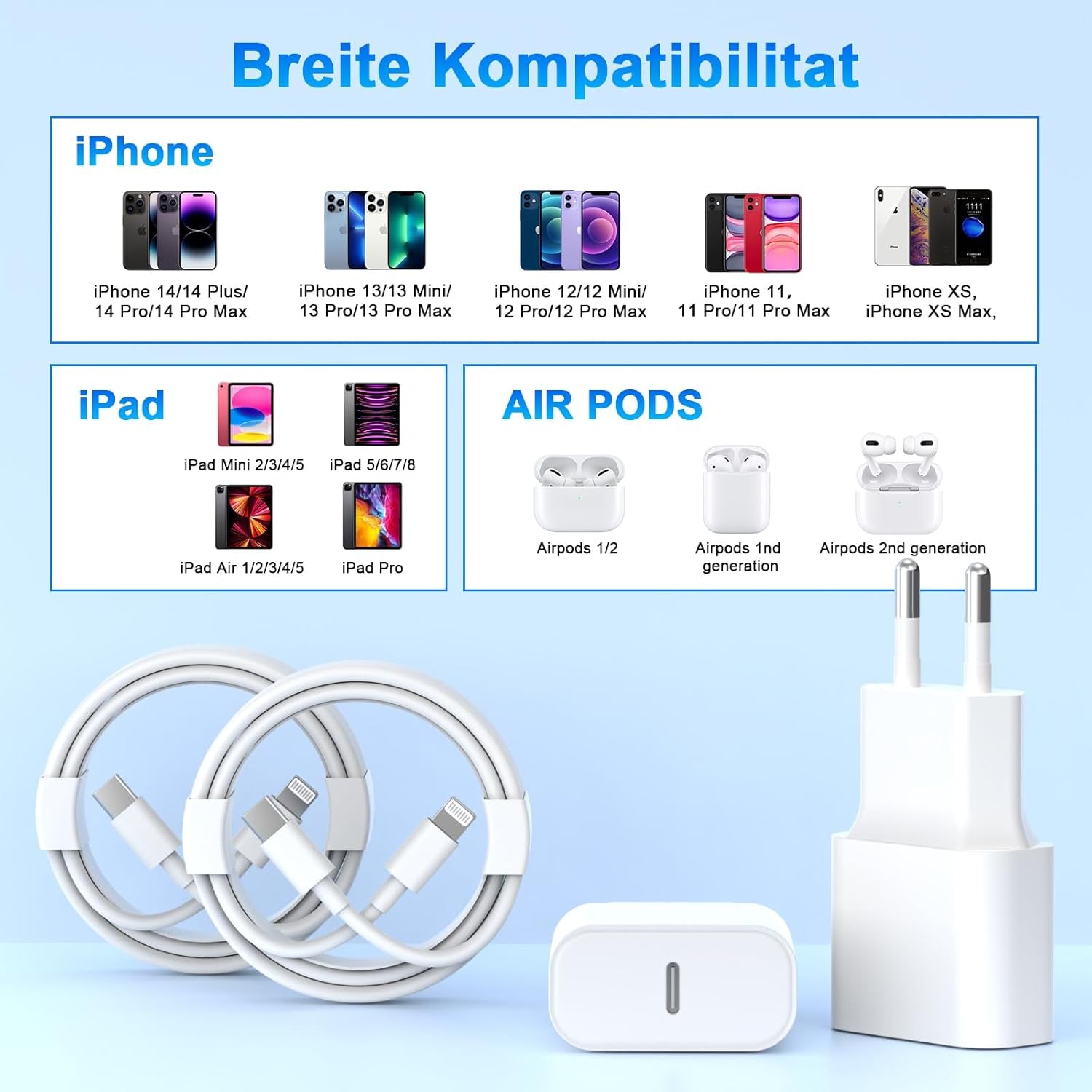 Chargeur Rapide Iphone 11 12 13 14,4Pack [Certifié Apple Mfi ] Chargeur De 20W Adaptateur Avec 2M USB-C De Données Lightning Cordon De Charge Compatible Avec Iphone 14 13 12 11 Pro Max XS XR X