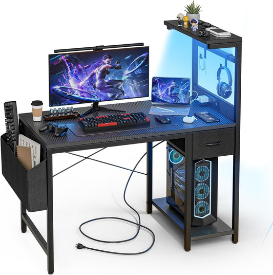 Grandder ​Bureau Gaming LED, 100Cm Bureau D'Ordinateur Avec Étagères Réversibles, Tiroir De Stockage, Prise Murale Intégrée, Design Moderne Pour Maison Et Bureau Noir