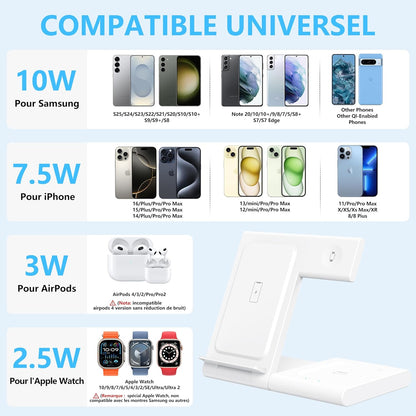 Station De Charge Sans Fil 3 En 1 Pour Iphone 16/15/14/13/12/11 Pro/Max/Plus, Chargeur Rapide À Induction Pour Apple Watch Ultra/10/9/8/7/6/Se/5/4, Support De Charge Pour Airpods 2/3/4/Pro/Pro 2